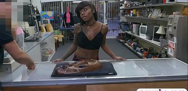  Tattooed ebony gets boned by pawn keeper in his officce